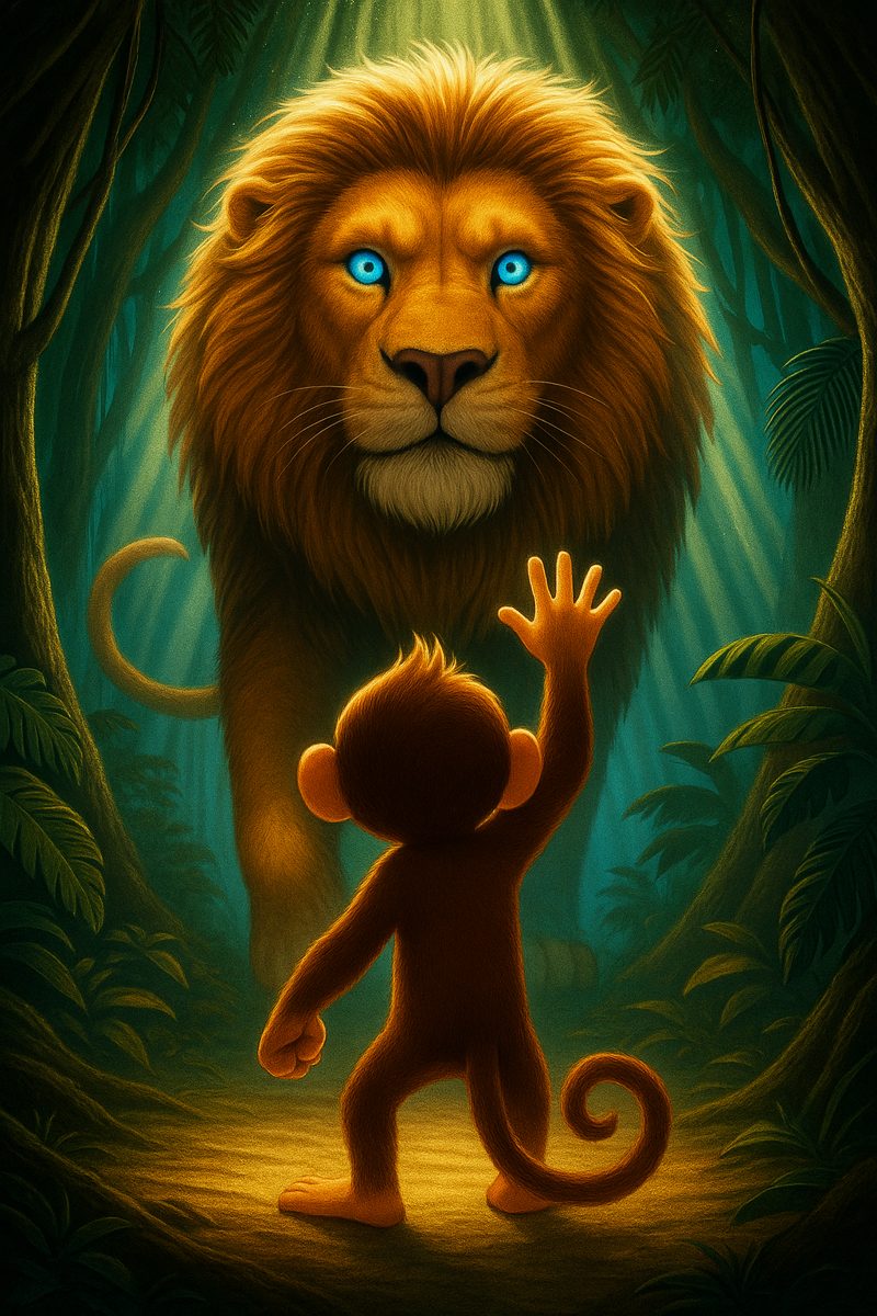 Max waving up at a lion in the jungle, the teaser for Max and the Jungle King